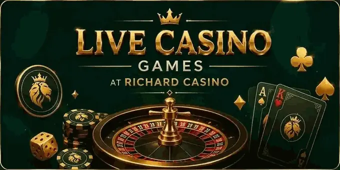 Live Casino Games at Richard Casino - a roulette wheel with playing cards, casino chips and dice
