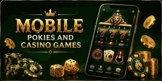 Mobile pokies and casino games - a smartphone showing slot reels above category icons for pokies, live casino, roulette and blackjack