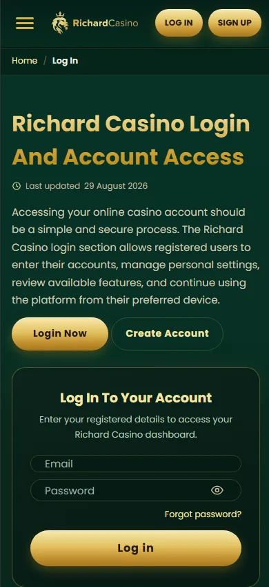 Richard Casino login screen on a phone, showing the email and password fields, a show-password toggle, a forgot-password link and the Log in button