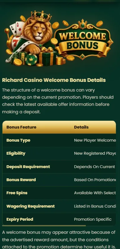 Richard Casino welcome bonus details on a phone: a side-scrolling table of bonus type, eligibility, deposit and wagering requirements and expiry period