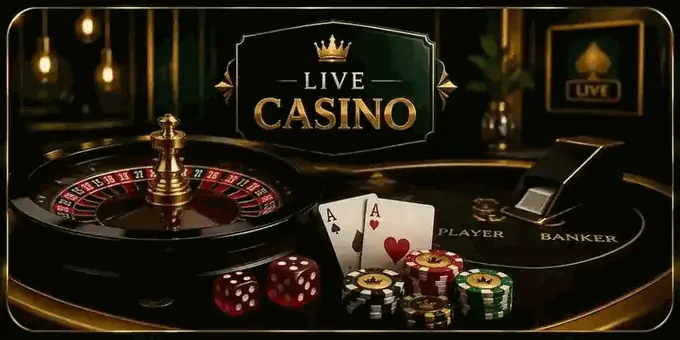 Live Casino - a roulette wheel, playing cards, dice and stacked chips on a baccarat table marked Player and Banker