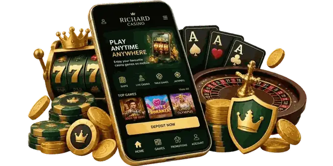 Playing Richard Casino on mobile - casino app on a smartphone with slots, live casino and roulette