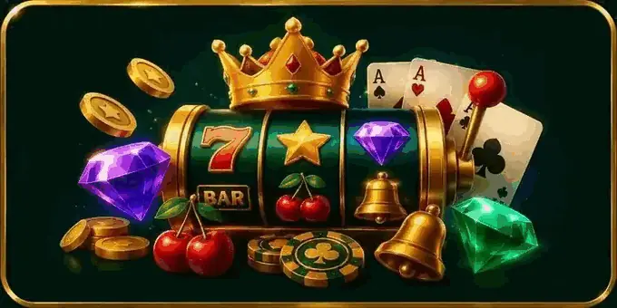 Slot machine reel showing sevens and a BAR symbol, with playing cards, casino chips, gems and gold coins