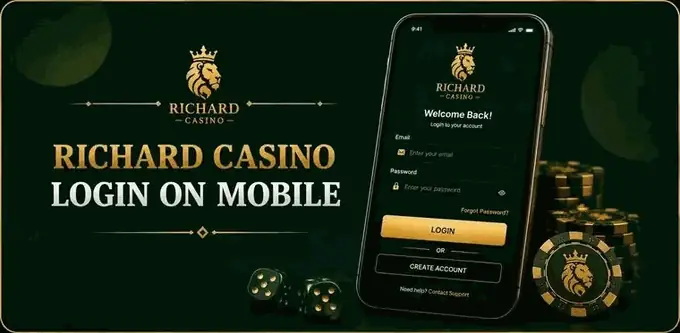 Richard Casino login on mobile - a smartphone displaying the login form with email and password fields and a Create Account option