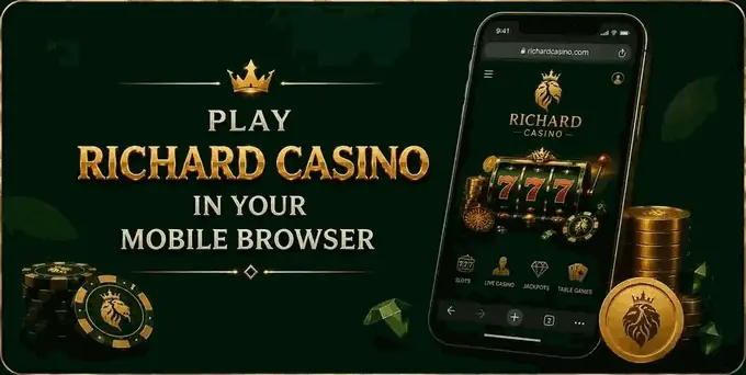 Play Richard Casino in a mobile browser - a smartphone with the casino site open in a browser address bar