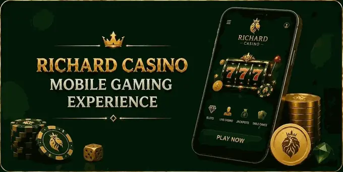 Richard Casino mobile gaming experience - a smartphone showing slot reels and a Play Now button