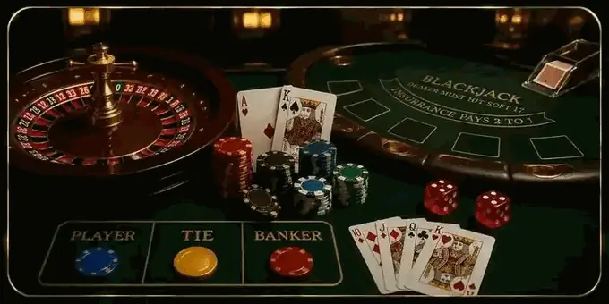 Casino table games - a blackjack table and roulette wheel with playing cards, chips and Player, Tie and Banker betting spots